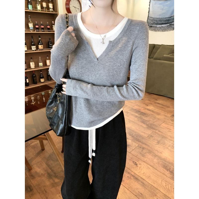 Spring splicing contrasting color fake two-piece knitted sweater femininity collar high-end long-sleeved top bottoming shirt
