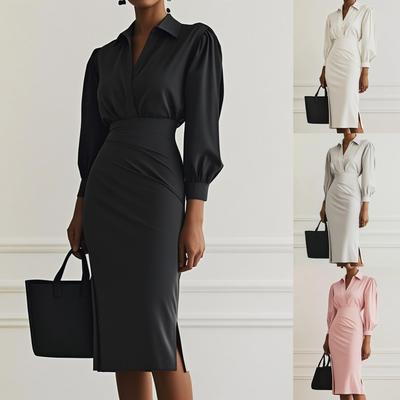 Women's V-Neck Ruffle Dress, Belted Waist Solid Color Midi Dress with Elegant Pleats, Office Casual Slim Fit Long Dress for Versatile Styling