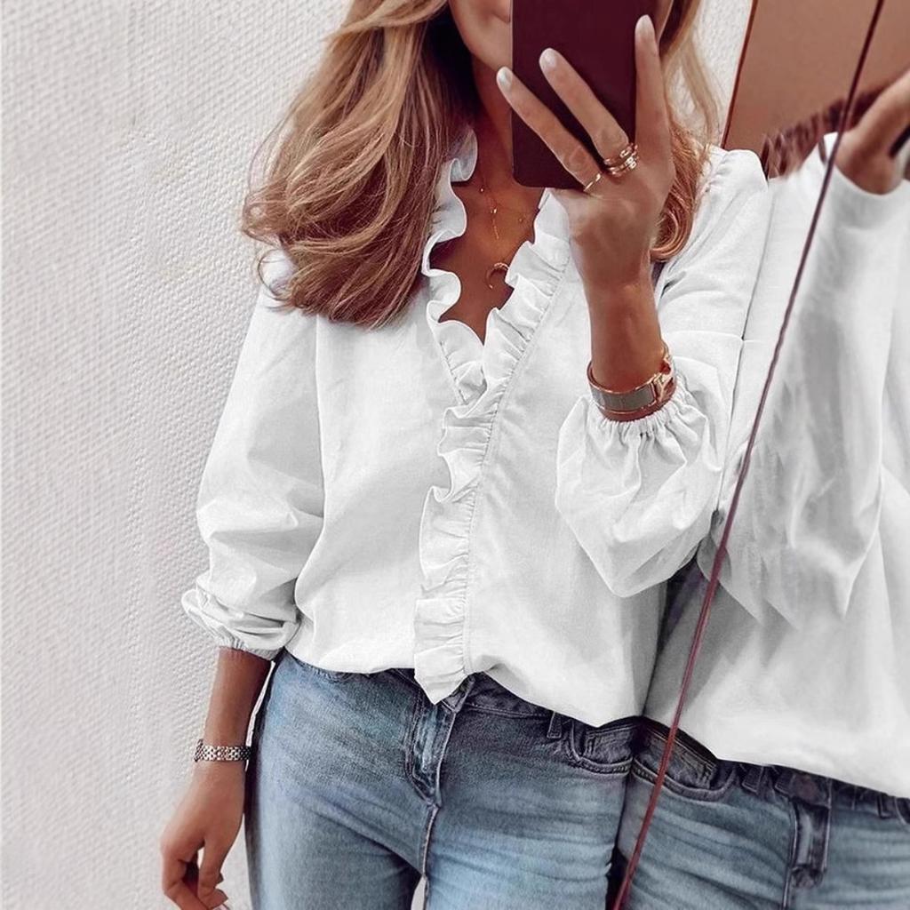 New European & American Style Women's Casual Solid Color Long Sleeve Ruffle Trim V-neck Blouse Top