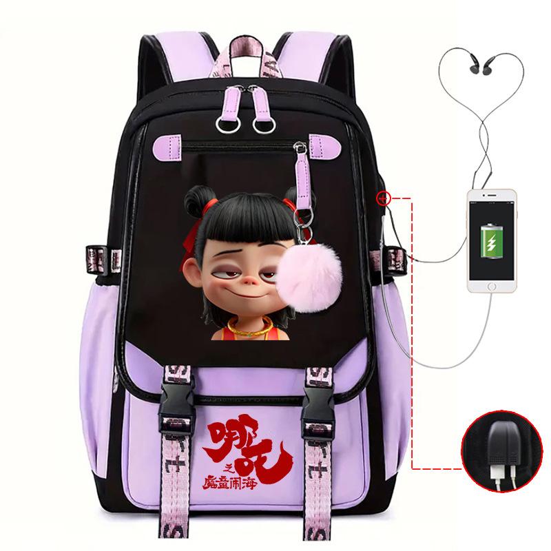 Cartoon Movie Nezha Printing Leisure Burden Reduction Travel Bag Backpack Multi-Function Large Capacity Usb Student Schoolbag