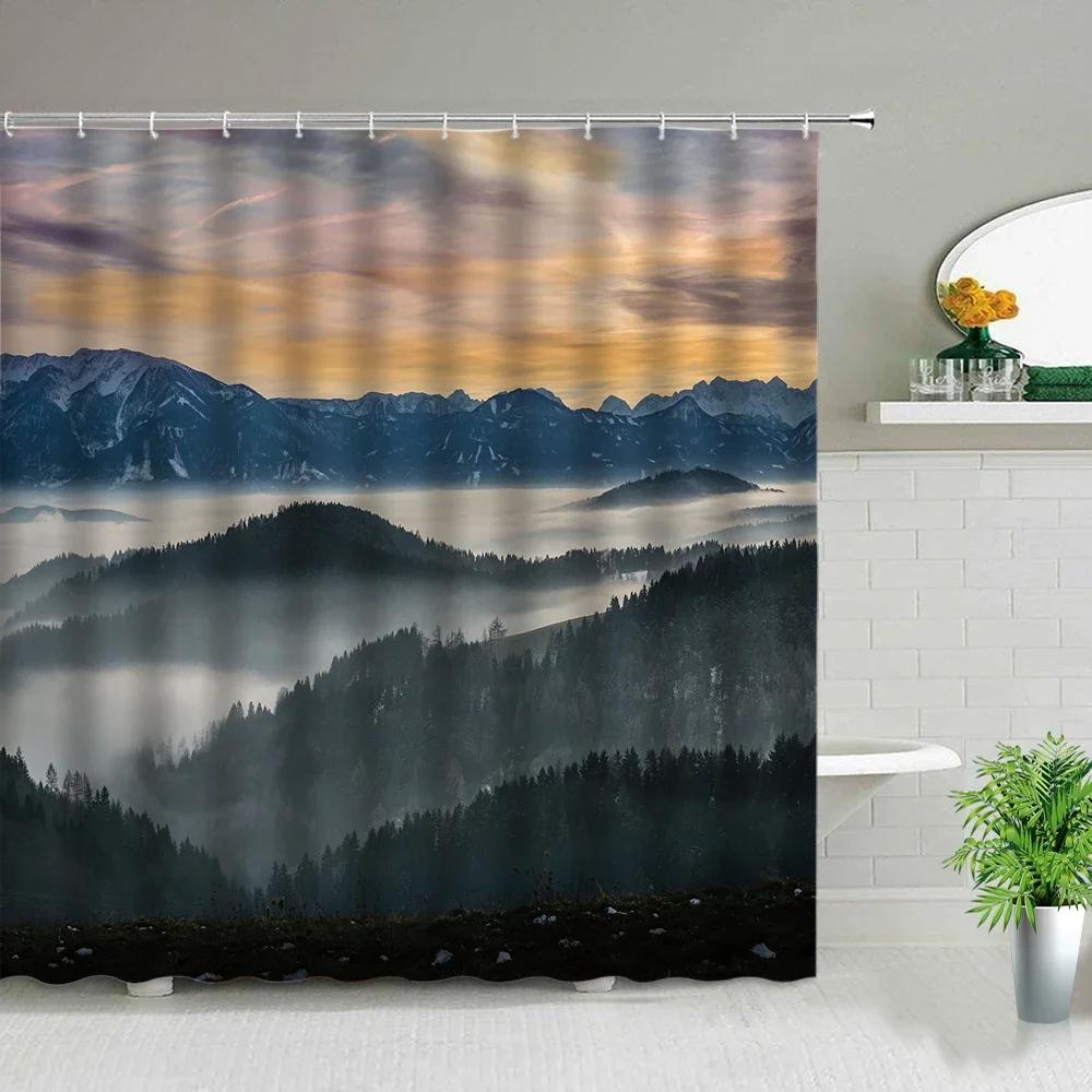 Mountain Shower Curtain,Teal Bathroom Shower Curtain, Cool Nature Watercolor Misty Forest Sun Sunset Landscape Shower Curtains