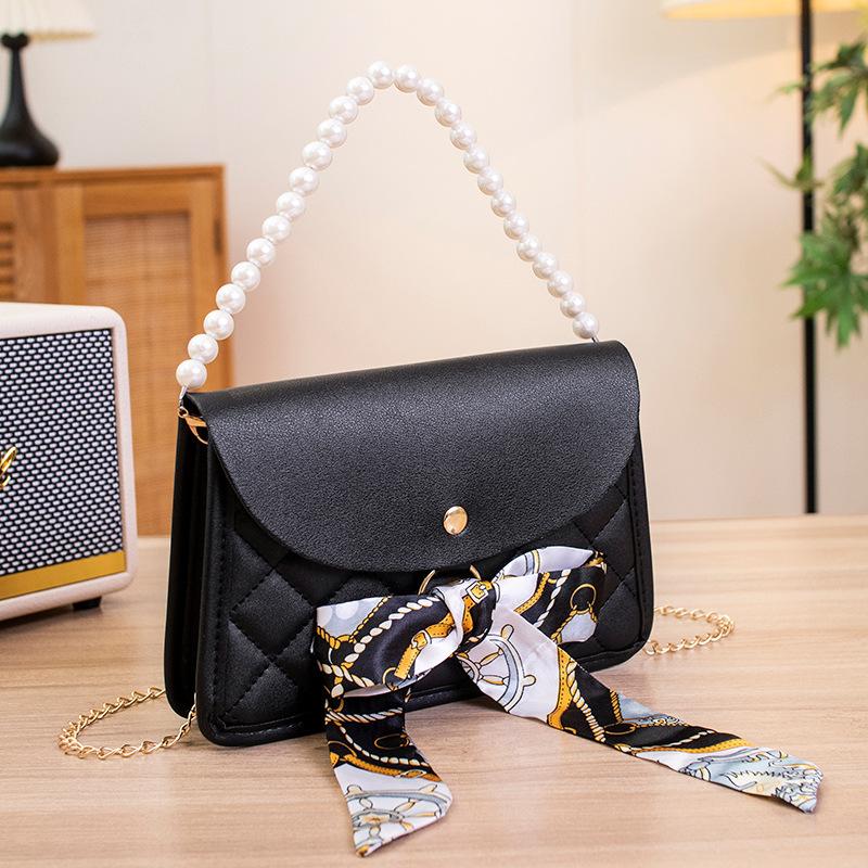 

Pearl portable small square bag versatile silk scarf chain single shoulder messenger women s bag niche чёрный