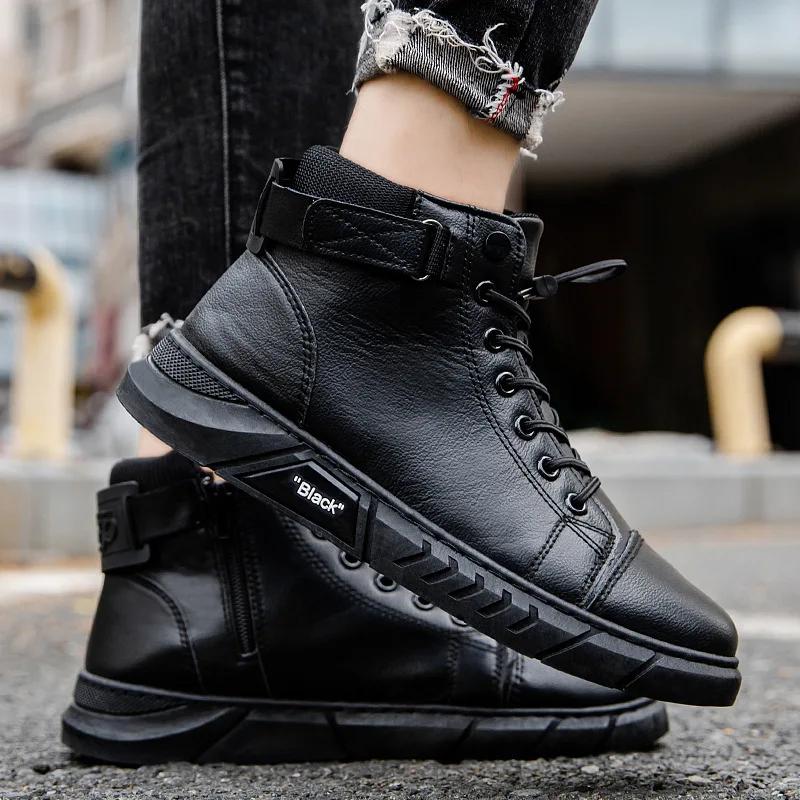 Moda 2024 Outono Sapatos Masculinos Antiderrapantes Sapatos de Segurança para Trabalho Impermeáveis Casuais Botins de Couro Sola Grossa Tênis Zapatillas De Hombre