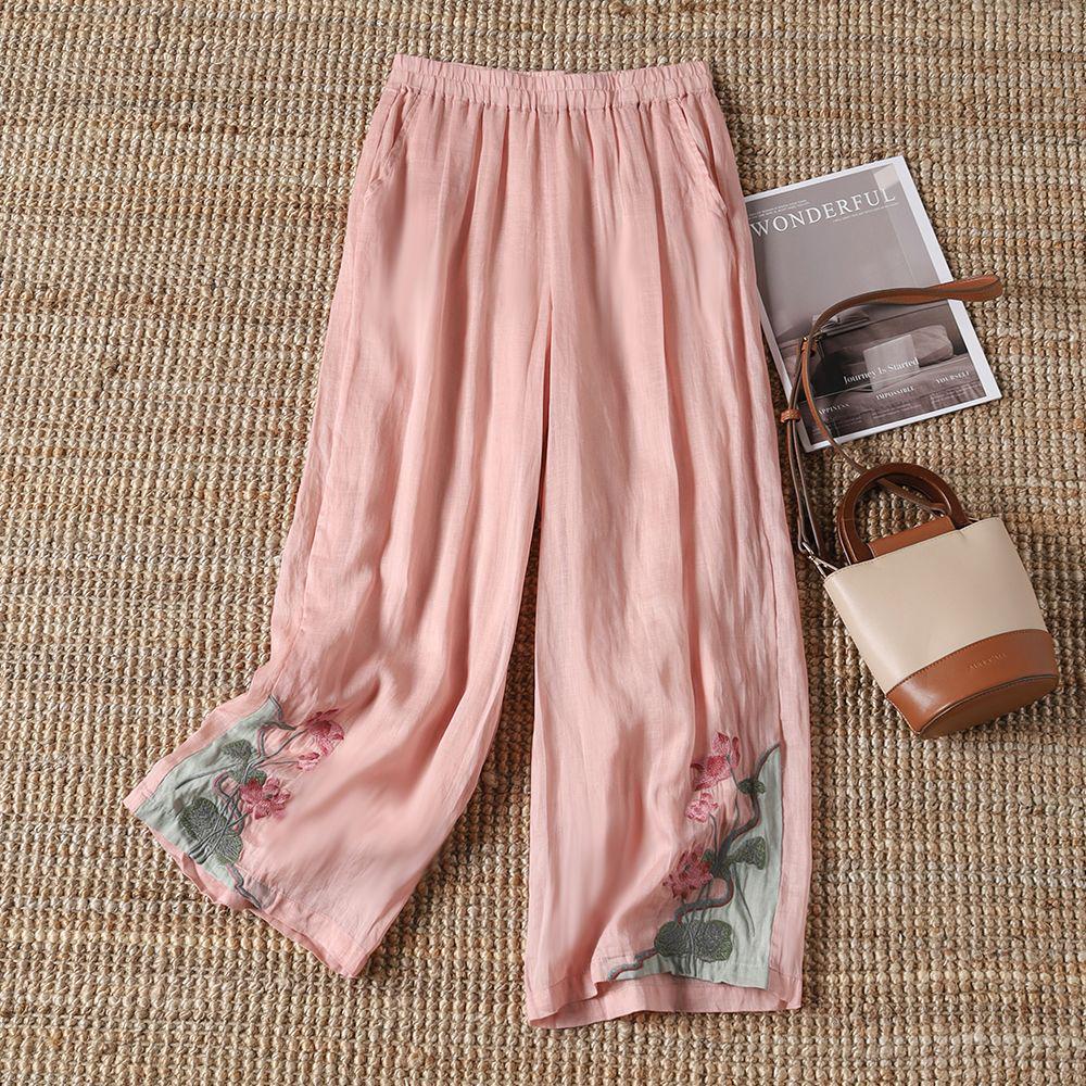 Women s Retro Chinese Style Color Block Embroidered Wide-Leg Summer Pants M (85-105)