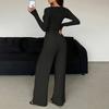 Women's 2 Piece Lounge Sets Long Sleeve Button Up Crop Top Wide Leg Pants Matching Outfit Casual Fall Spring Tracksuits