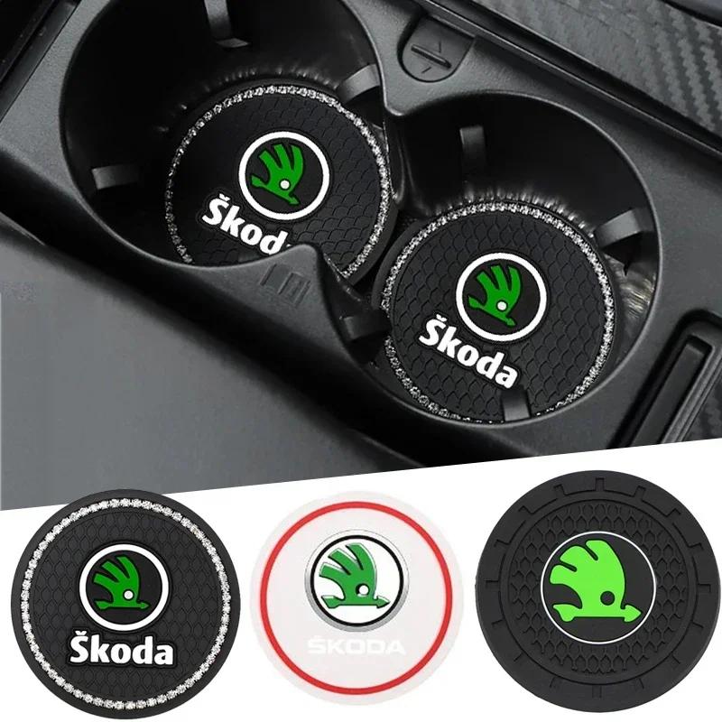 CAPR9 2pcs Car Water Cup Mat PVC Anti-Slip Coaster Pads for Skoda Logo Octavia VRS Yeti Kodiaq Fabia Superb 2 3 Karoq Rapid Scala