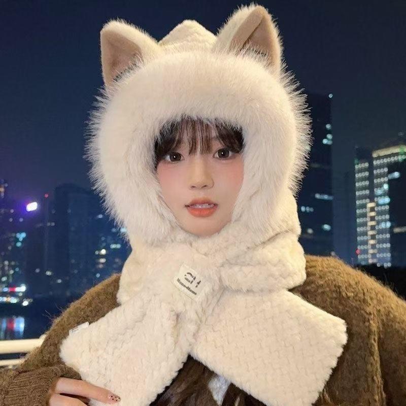 Sombrero de Peluche con Orejas de Conejo y Bufanda Para Mujer Estilo Invierno Lindo Grueso Cálido Protector de Orejas Sombrero Lei Feng