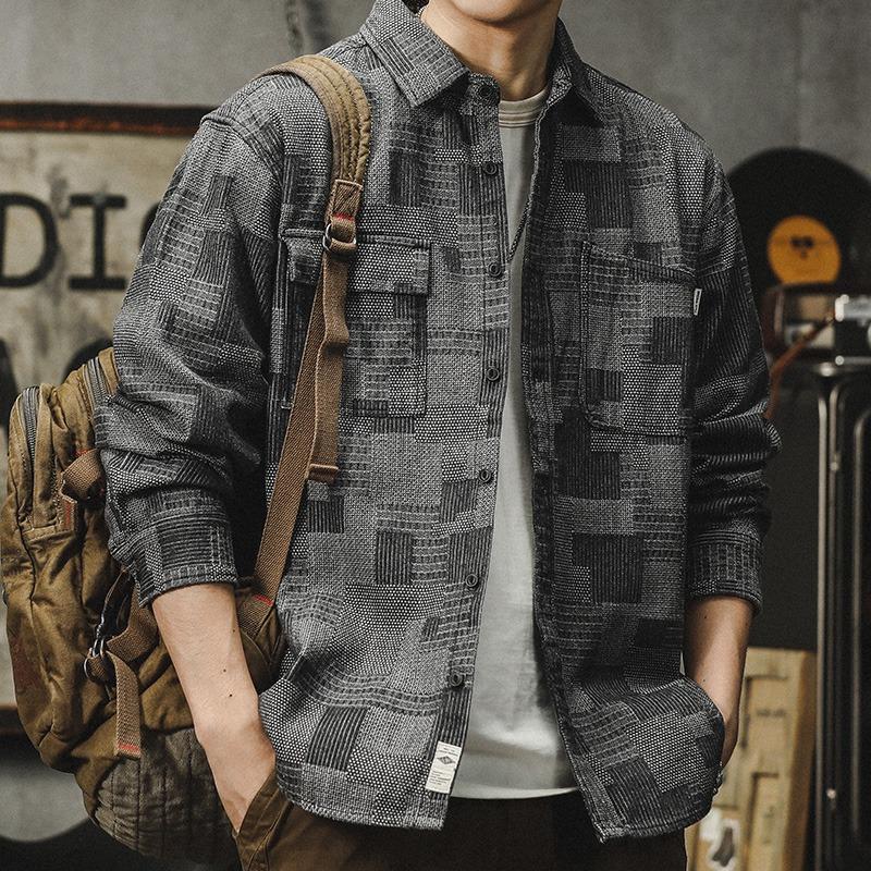 Spring and Autumn New Men's Long-sleeved Plaid Denim Loose Casual Shirt Jacket