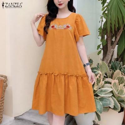 Women Casual Round Neck Loose Floral Embroidery Short Sleeve Dress