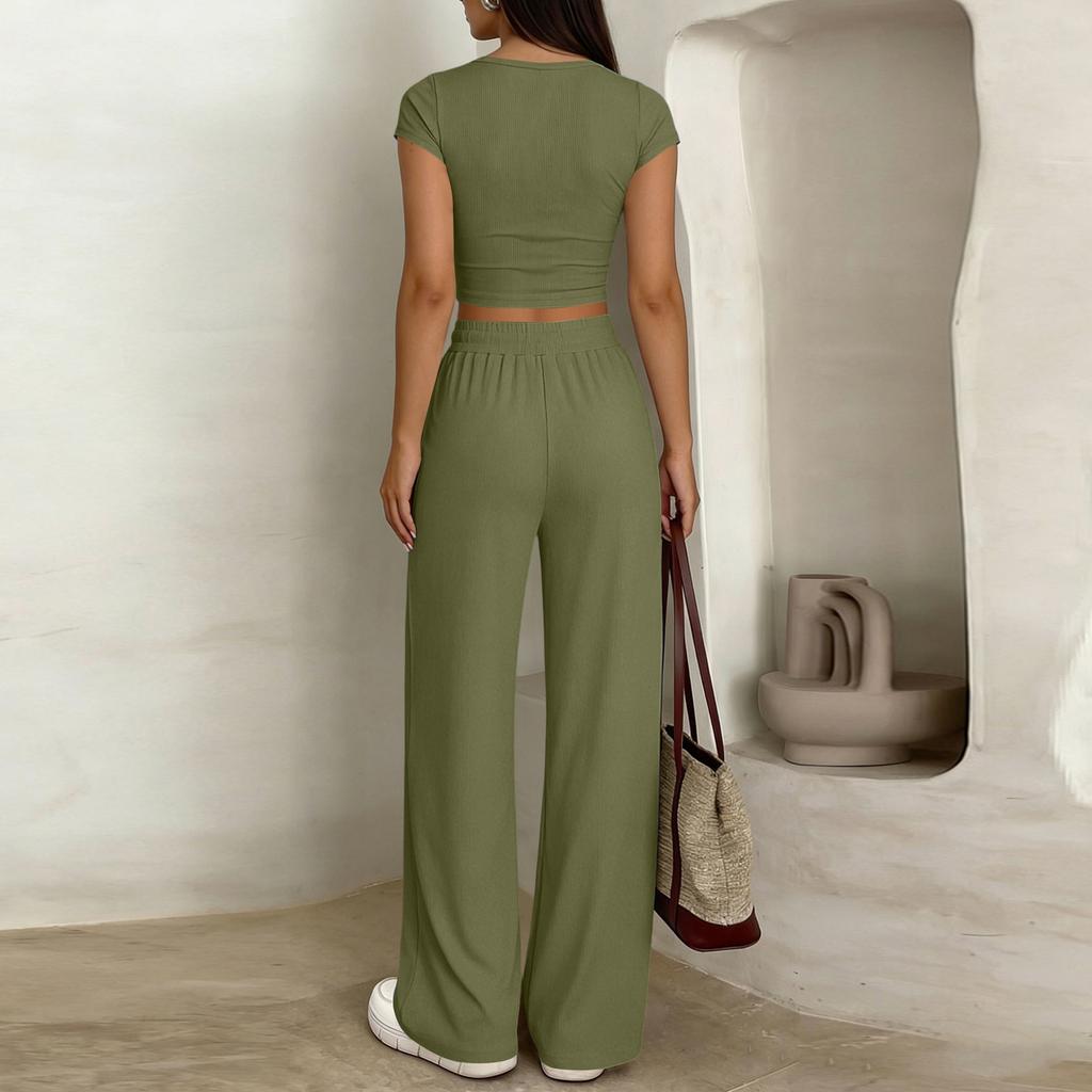 Ladies' Casual Slim Fit Two-piece Set With Short Sleeves And Long Pants