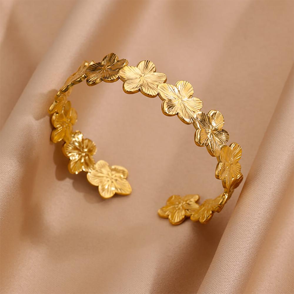 Stainless Steel Wide Bangles for Women Luxury Gold Color Chunky Flower Cuff Bangle Bracelet femme Vintage Wedding Jewelry Gifts