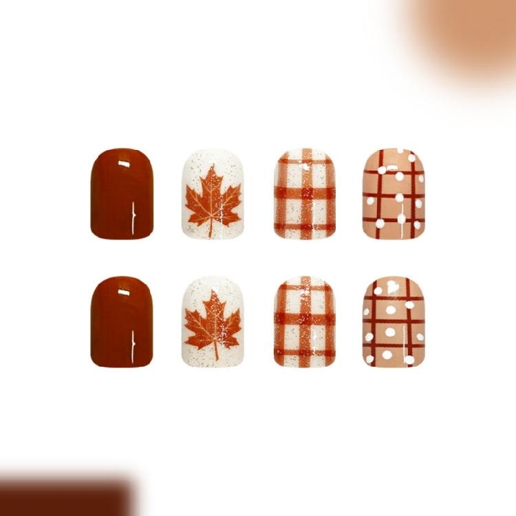 Autumn Theme Press On Nail Short Square 24 Piece Glossy Artificial Nail Set with Brown Plaids, Dot and Maple Leaf Detail for Easy Style Changes