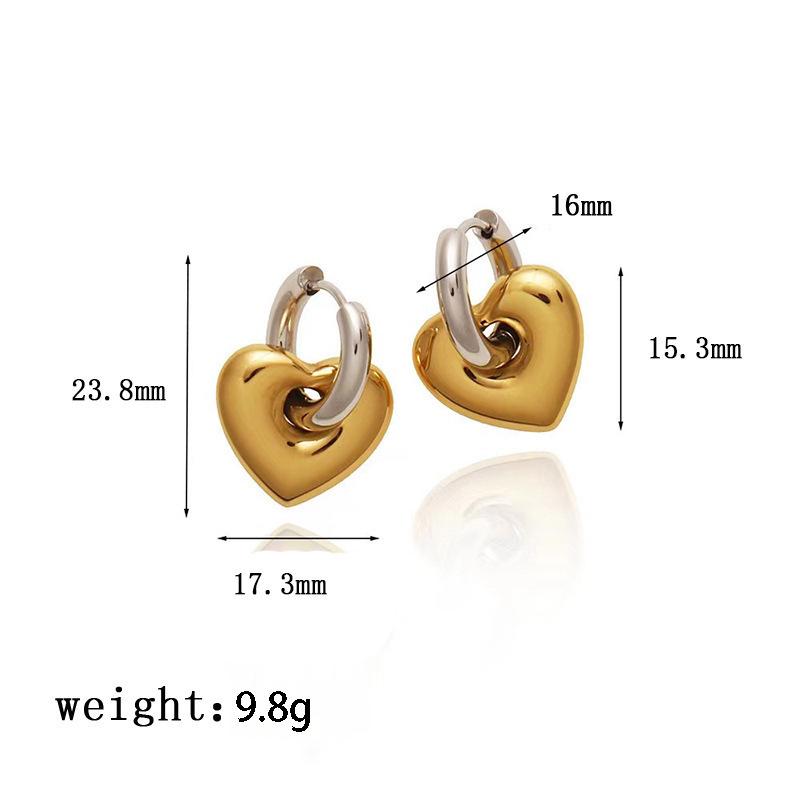 Creative French Heart Set: Stainless Steel Earrings & Pendant for Women - Gold & Silver. Fashionable, Color-Blocked, Unique Ear Jewelry.