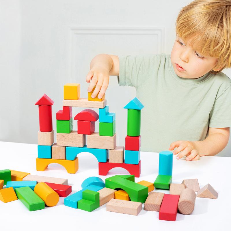 Wooden Early Education 50 Beech Large Grain Geometric Assembled Building Blocks Young Children's Creative Construction Stacking Educational Toys