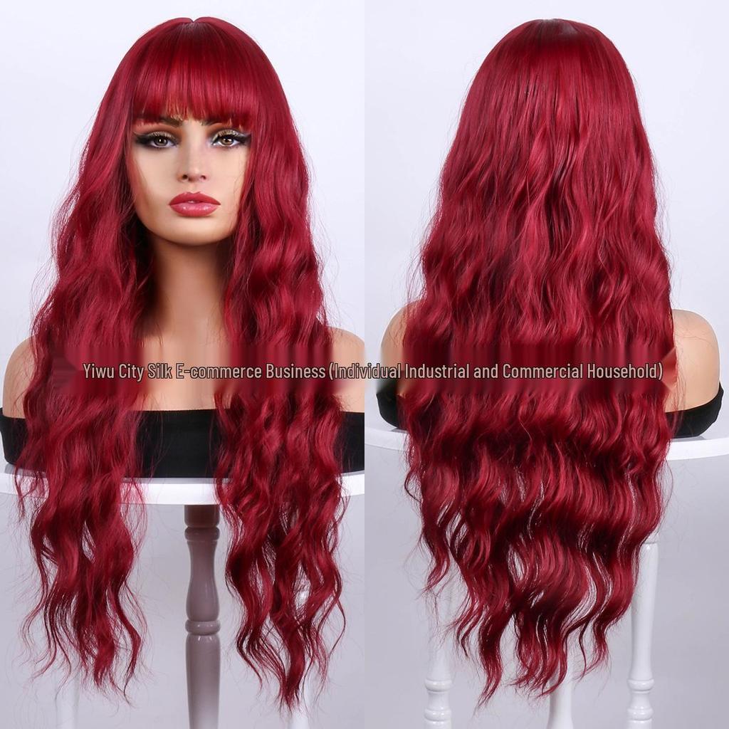 Wine Red Long Curly Wig with Full Bangs and Straight Ends - New Style