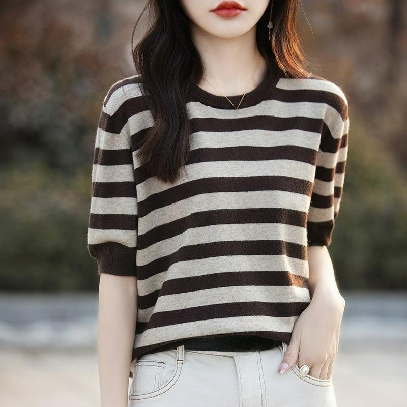 

Spring Women s Knitwear Andy Velvet Short-sleeved Women s Sweater Women s Round Neck Striped Bottoming Sweater Women 2XL кавовий