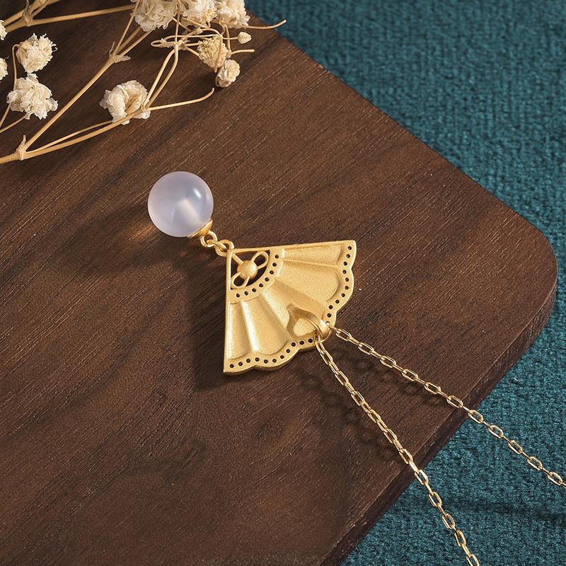 Cloisonné Fan-Shaped Chalcedony Agate Necklace 