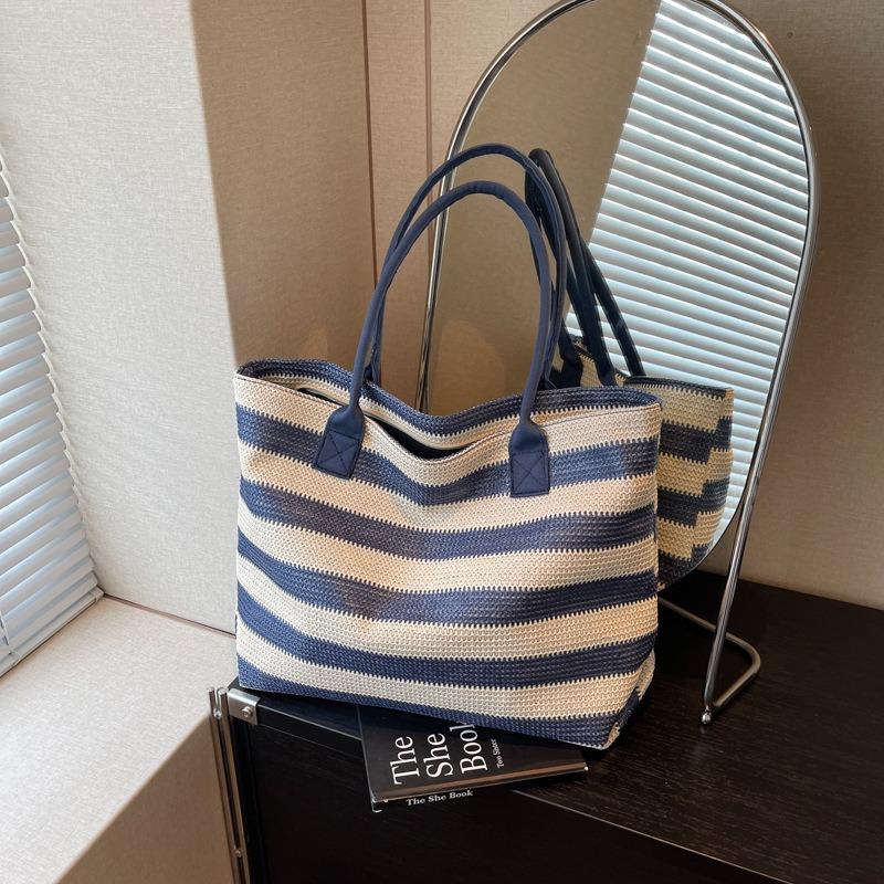 Striped Tote Bag Woven Large Capacity Shoulder Women's Bag Lazy Wind Light Vacation Bag Shopping Bag Women