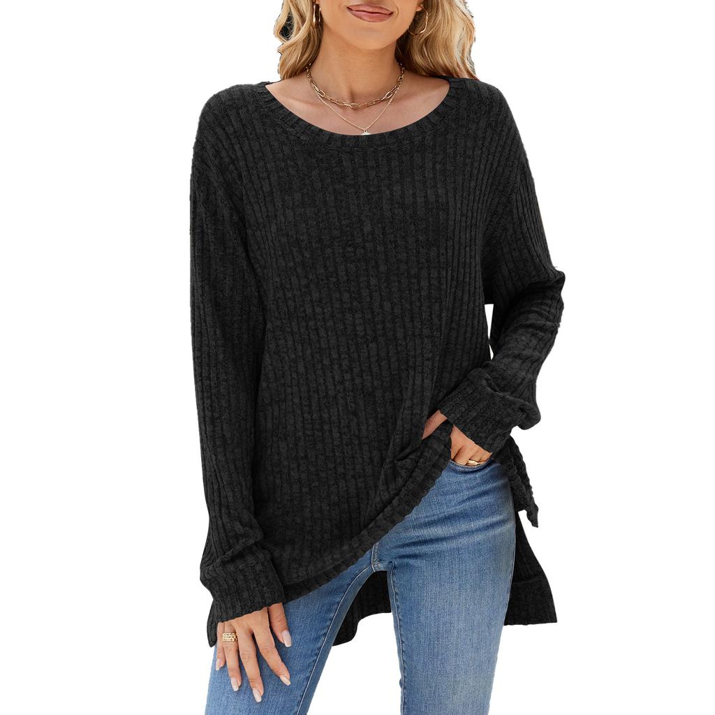 Women's Round Neck Long Sleeve Knit Top Loose Fit Commuter Style Brushed Ribbed Split Hem Casual Pullover Tunic Top