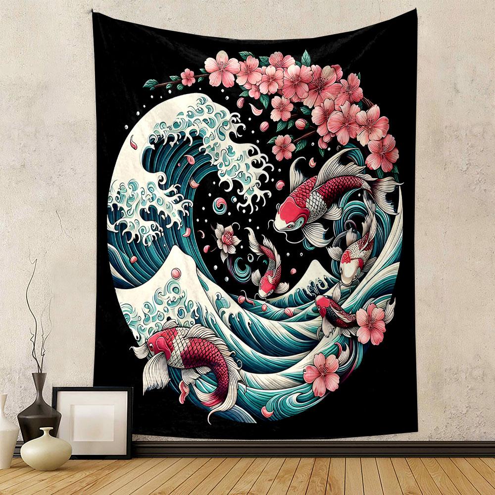 Koi Fish and Cherry Blossom Waves Design Patterned Tapestry Decorative Wall Hanging, Home Bedroom Living Room Decor