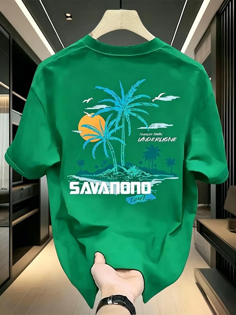 New Unisexs Summer Beach Coconut Tree Letter Printed Machine Wash Comfortable Breathable Round Neck Tshirt Outdoor Casual Top