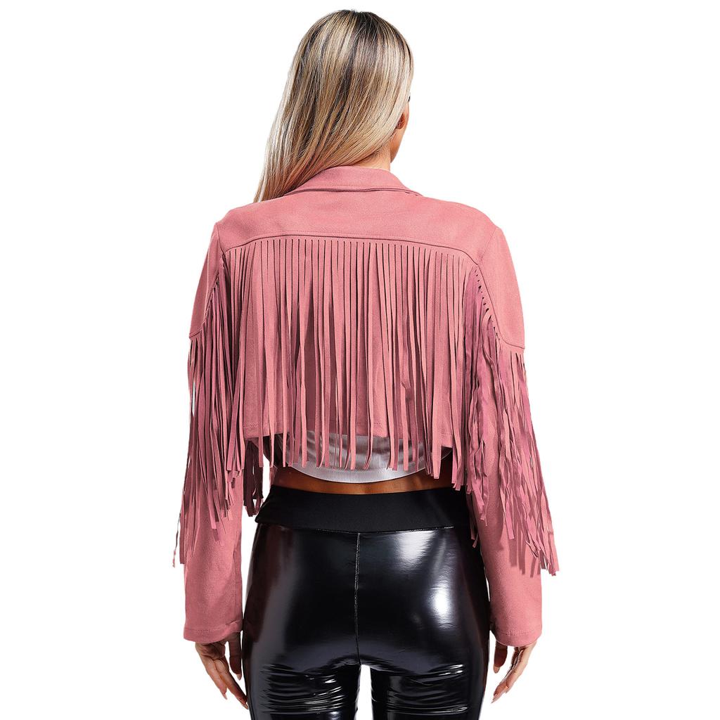 Womens Stylish Fringe Faux Suede Cropped Jackets Lapel Long Sleeve Cardigan