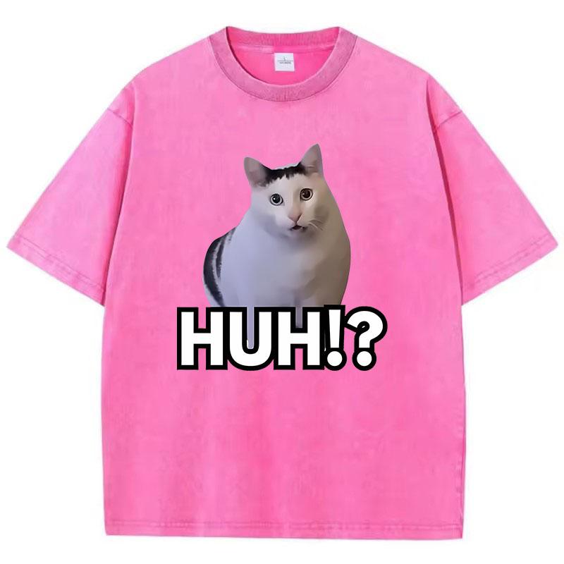 Manga T-Shirt Vintage Gewaschenes Baumwoll-T-Shirt Katze Sagt Huh Anime Grafik-T-Shirt Lässige Streetwear Frühling Sommer T-Shirt