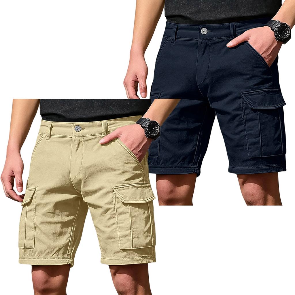 Men's Cargo Shorts 6 Pocket Elastic Waist Button Closure 2 Pack Casual Work Shorts