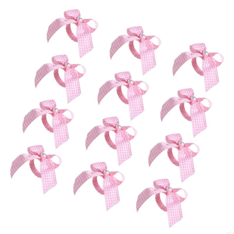 12Pcs Striped Bowknot Tie Napkin Rings Satins Fabric Pearls Embellishment Dining Table Decoration Desktop Accessories HX6C
