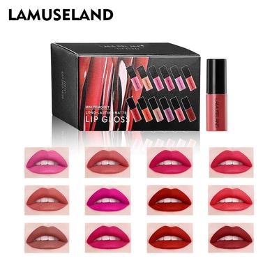 12 cores/conjunto mini batom fofo de longa duração fosco mini brilho labial kit de viagem à prova d'água