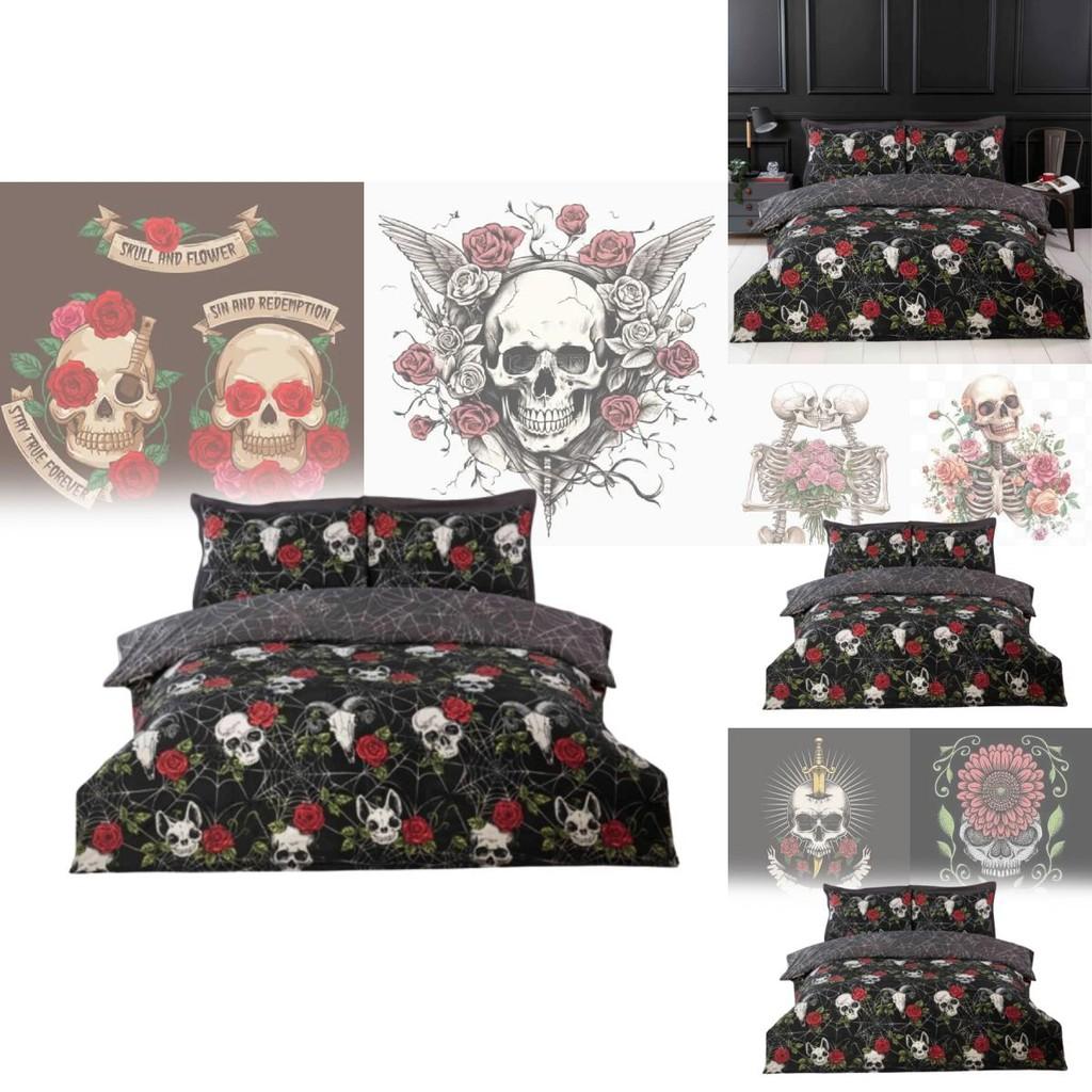 Halloween Totenkopf und Rose Wendbare Bettbezug-Set Mit Cartoon-Muster Für Schlafzimmer-Dekoration