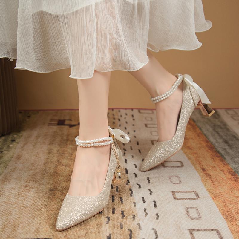Fashion Women High Heels Bow Tie Fairy Style Silk Satin Surface Thick Heel Pearl Chain One Line Buckle Single Shoe Fashionable Versatile