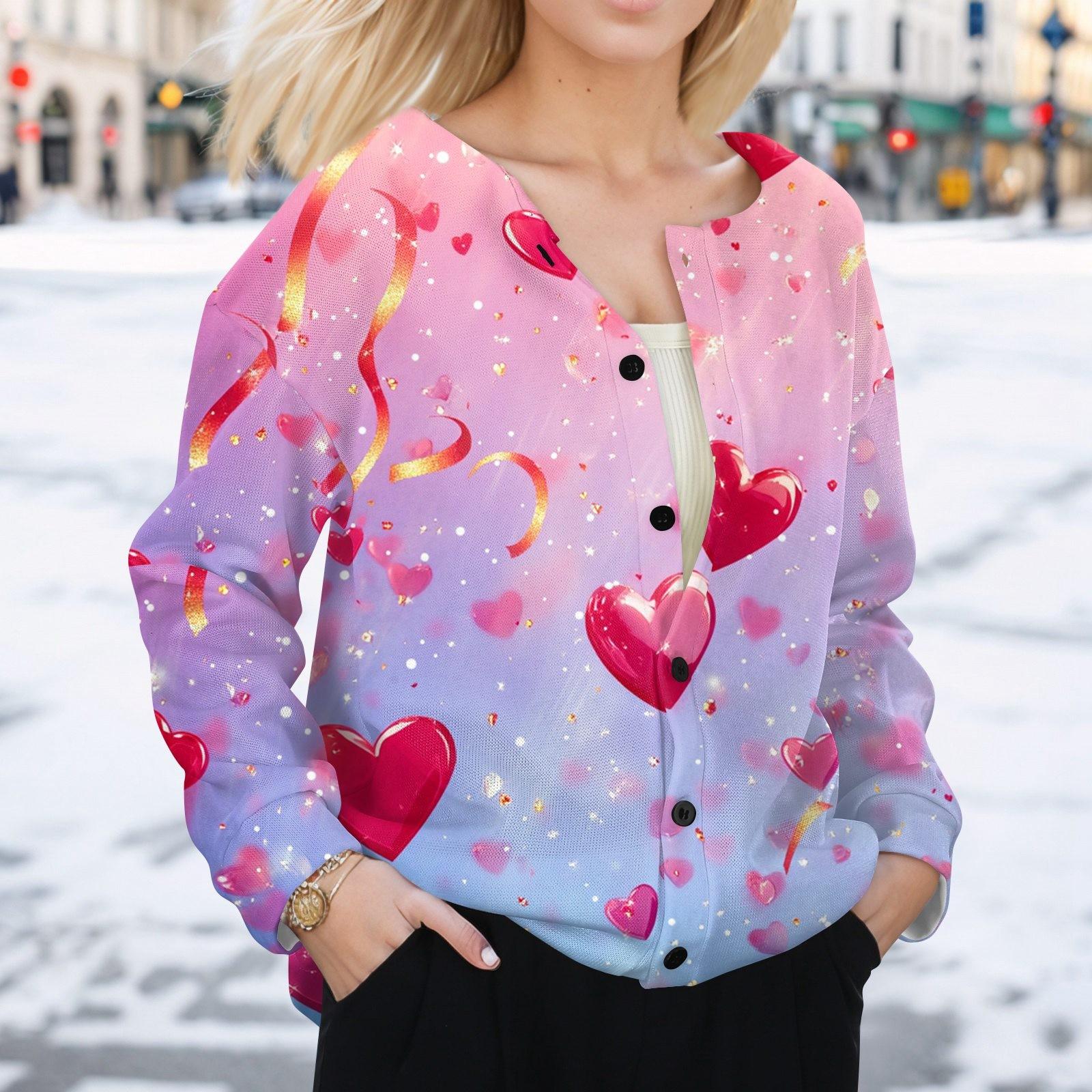 

Женская мода День святого Валентина принтованный длинный рукав кардиган куртка на пуговицах S