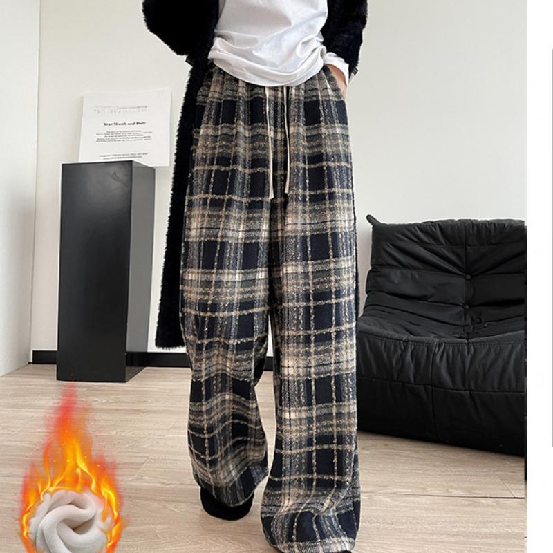 Plaid Pants for Autumn and Winter Plus Velvet Pants for Women Wearing Loose Draped Retro Casual Pants for Women High Waist Wide-leg Pants