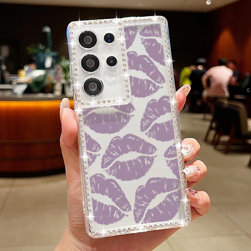 Diamond Frame Lips Print Soft Silicone Case For Samsung S25 Edge S24 FE S23 Ultra S22 A16 A56 A36 A15 A55 A35 Clear Shockproof Phone Cover