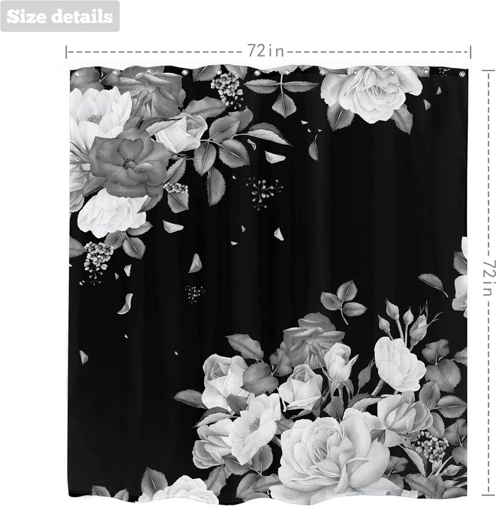 Black Floral Shower Curtain White Grey Blossom Rose Unique Modern Waterproof Fabric Home Bathtub Decorative Shower Curtain