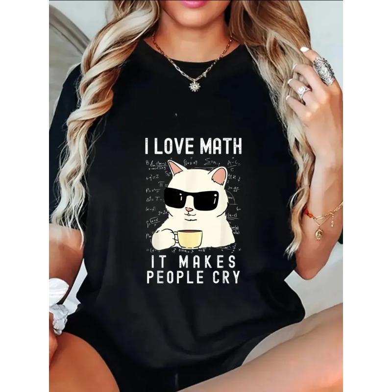 Oversize Women's Short-Sleeve T-Shirt with Sunglasses Cat, Math Formulas & "I LOVE MATH" Text Print
