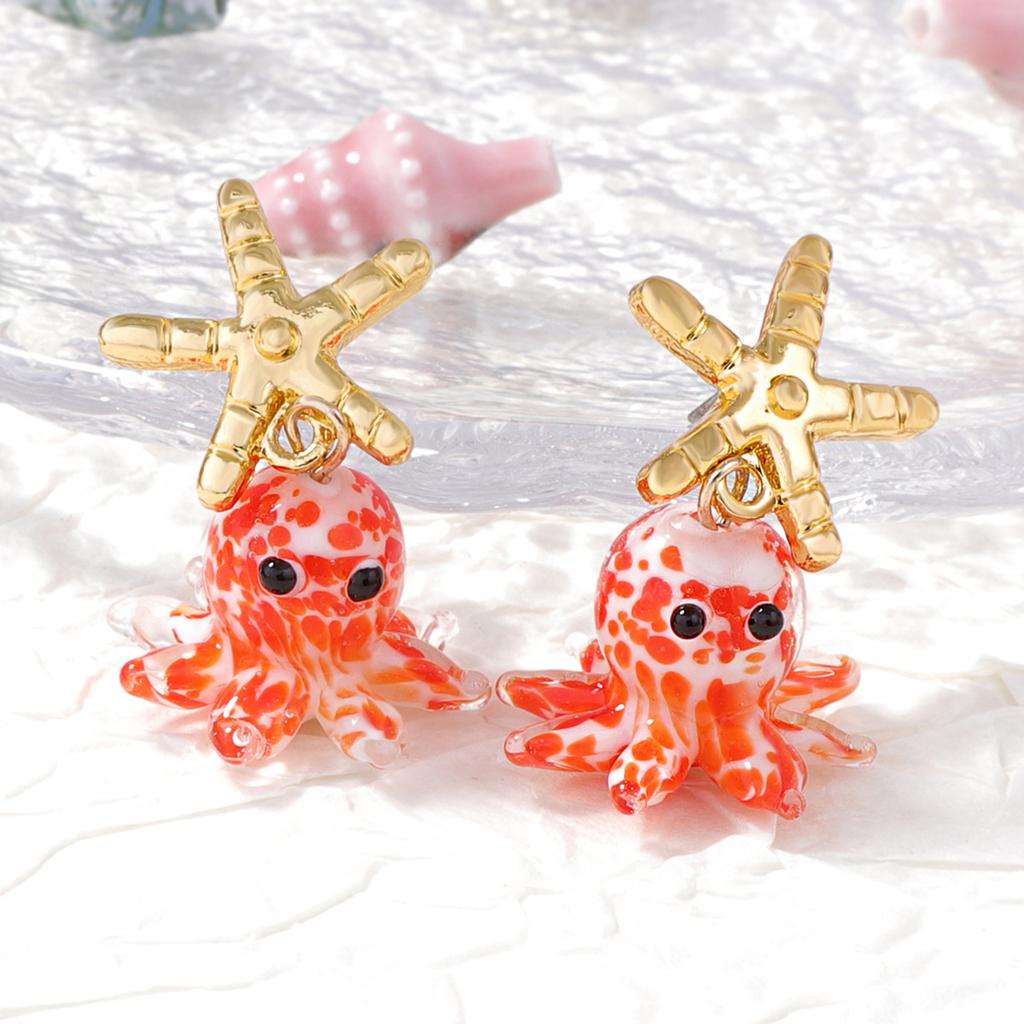 Fashion Cute Simulation Ocean Glazed Octopus Pendant Earrings Imitation Pearl Niche Ins Vacation Style Girl