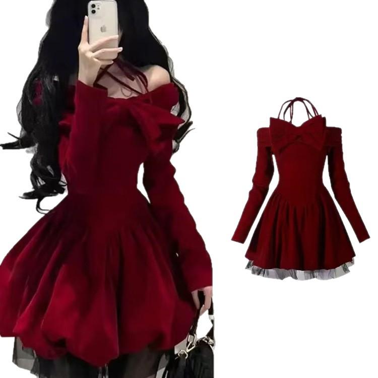 Women's Slightly Tipsy Velvet Halter Dress - Red Holiday Edition