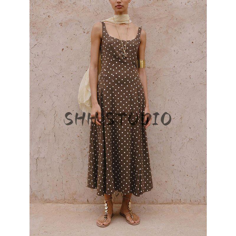 Summer New Product Women's Clothes American Square Collar Shoulder Strap with Linen Blend Polka Dot Midi Skirt Dress 8099510