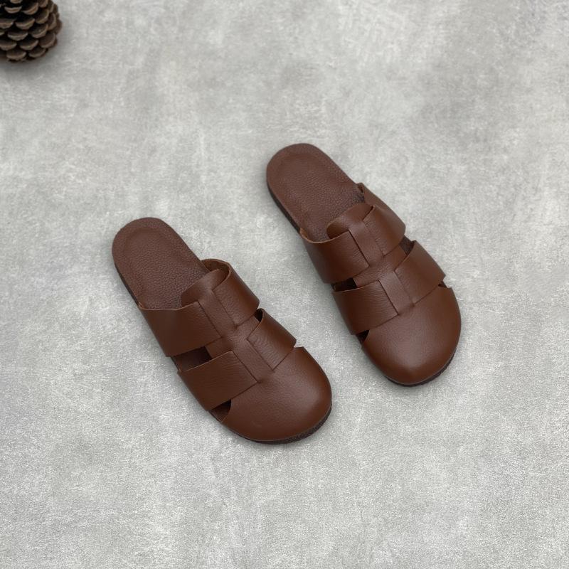 Johnature Retro Genuine Leather Flat Slippers Leisure Versatile Round Toe Soft Sole Women Outdoor Slides