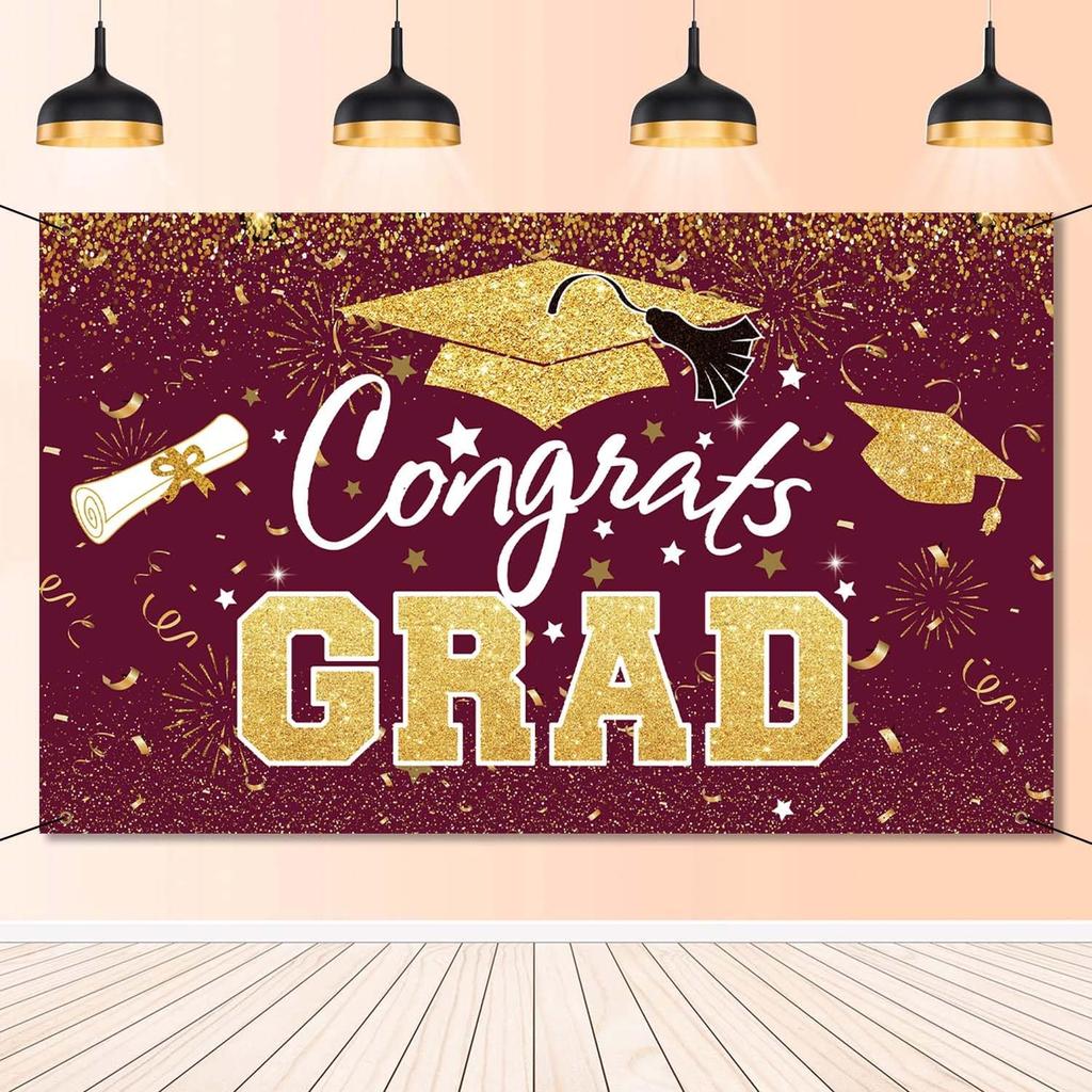 Graduation Party Decorations - Blue Gold Congrats Grad Class of 2025 Backdrop Banner Large Sign Wall Decorations Photography Background Party
