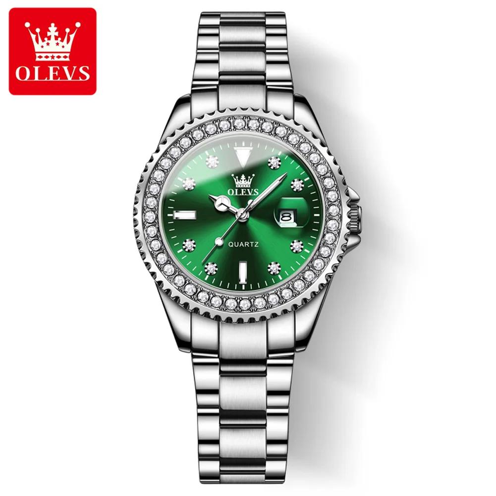OLEVS Kvartsklokke for kvinner Diamond Dial Luxury Rustfritt stål Vanntett Elegant Dame Mote Topp Merke Dameklokke