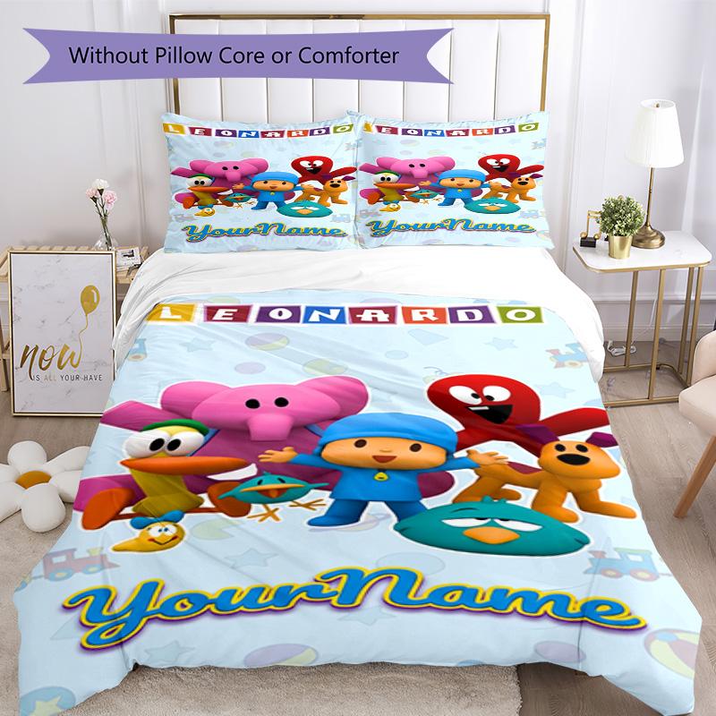 Pocoyo Individualisiere deinen Namen Bettwäsche-Set Atmungsaktive Bettbezüge mit Kissenbezügen Heimdekoration Geburtstagsgeschenk