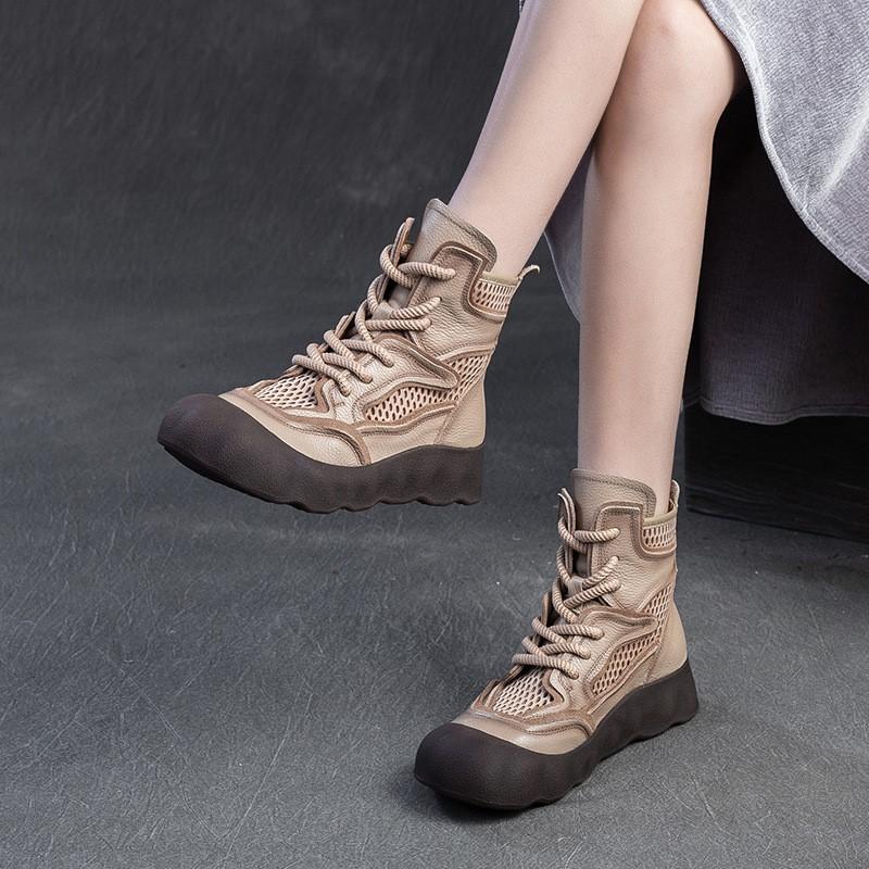 GKTINOO 2025 Spring/Summer New Hollow-out Breathable Retro Short Boots Genuine Leather Thick Soled Women's Shoes
