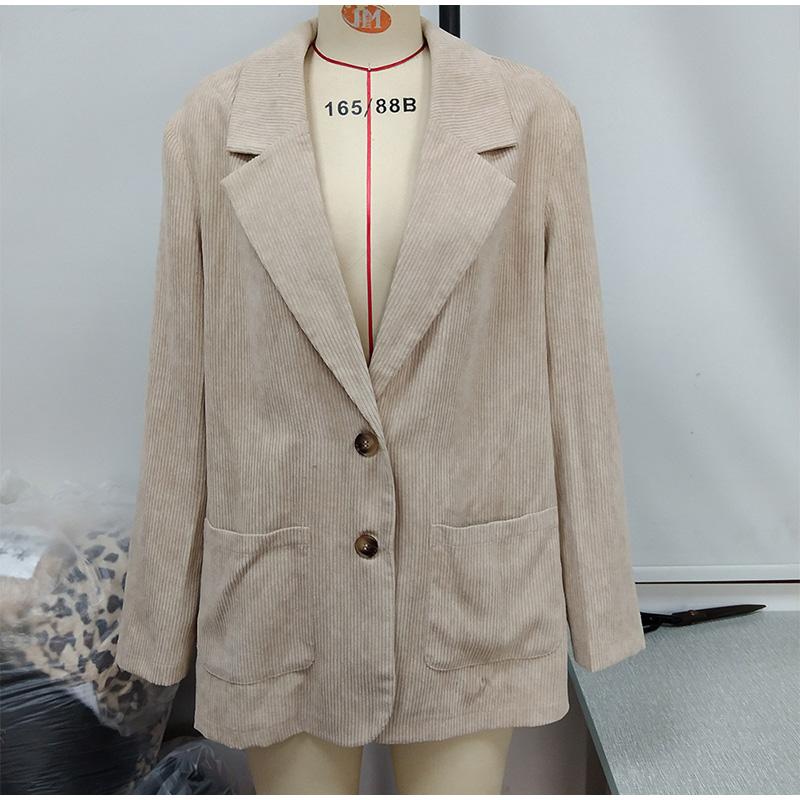 Corduroy Women Coat Autumn Winter Solid Color Long Sleeve Coats with Pockets Buttons Business Lady Outwear