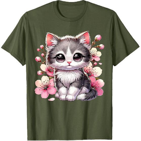 Cute Cat with Cherry Blossoms Cat T-Shirt