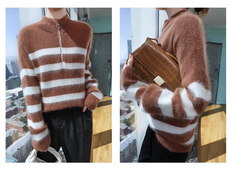 LeKasha Mink Cashmere Half-Zip Color Block Stripe Sweater