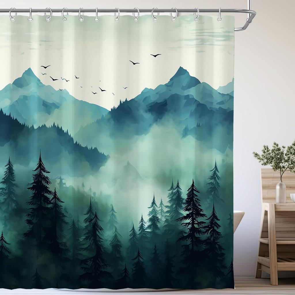 Mountain Forest Shower Curtain Misty Landscape Pine Trees Birds Scene Nature Art Bath Decor Waterproof Fabric Home Accessories