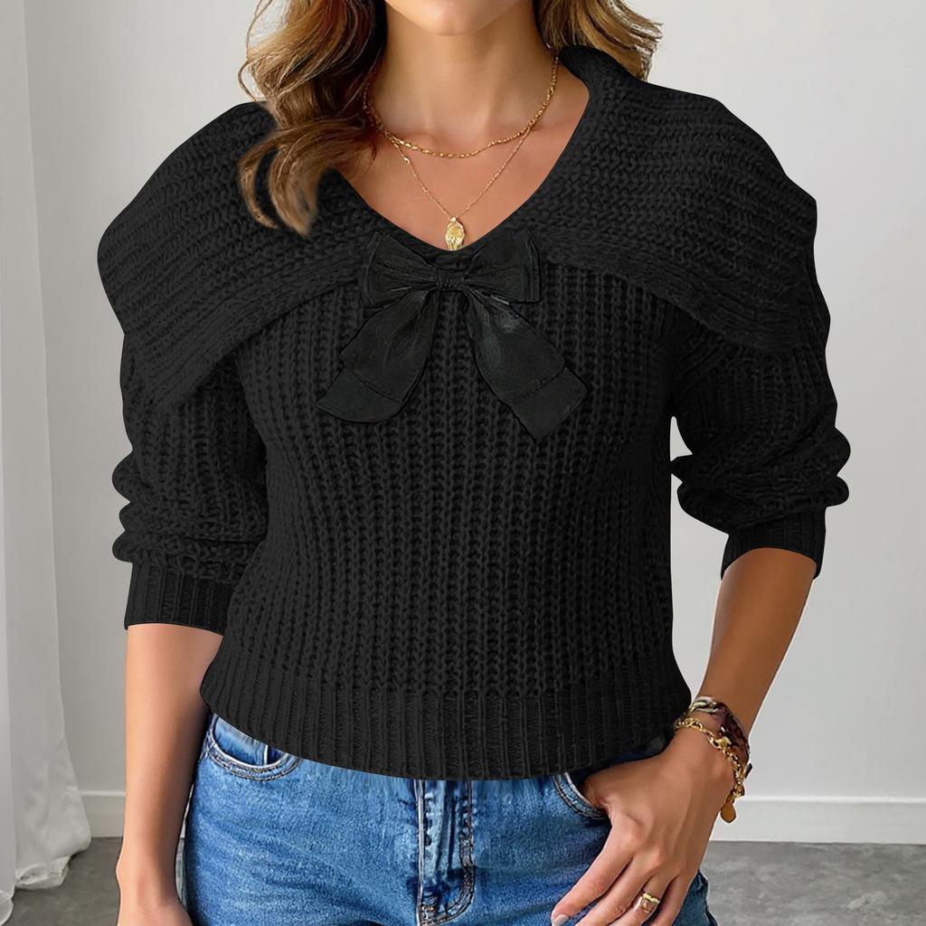 Women's Short Large Collar Butterfly Knot Splicing Pullover Sweater Top